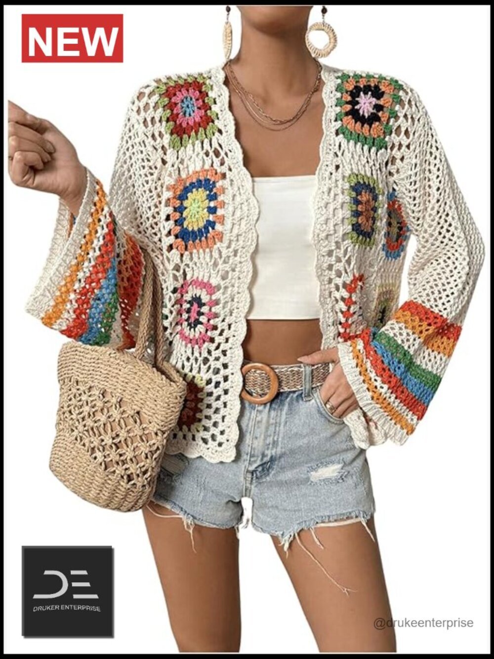 Floral Crochet Open Front Cardigan Sweater Lightweight Long Sleeve V-Neck